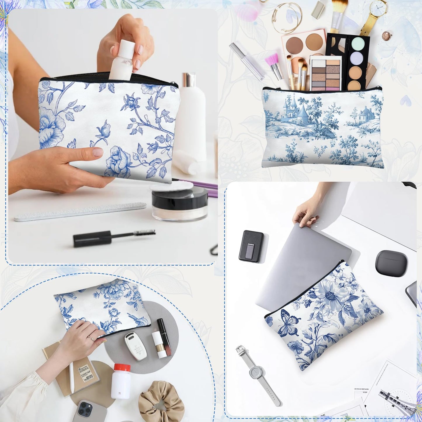 Stuffygreenus 24 Pcs Floral Cosmetic Bags Bulk for Women Blue and White Floral Makeup Bags Chinoiserie Canvas Travel Zipper Pouches Aesthetic Toiletry Bag for Girls Women Bridesmaids Wedding Supplies