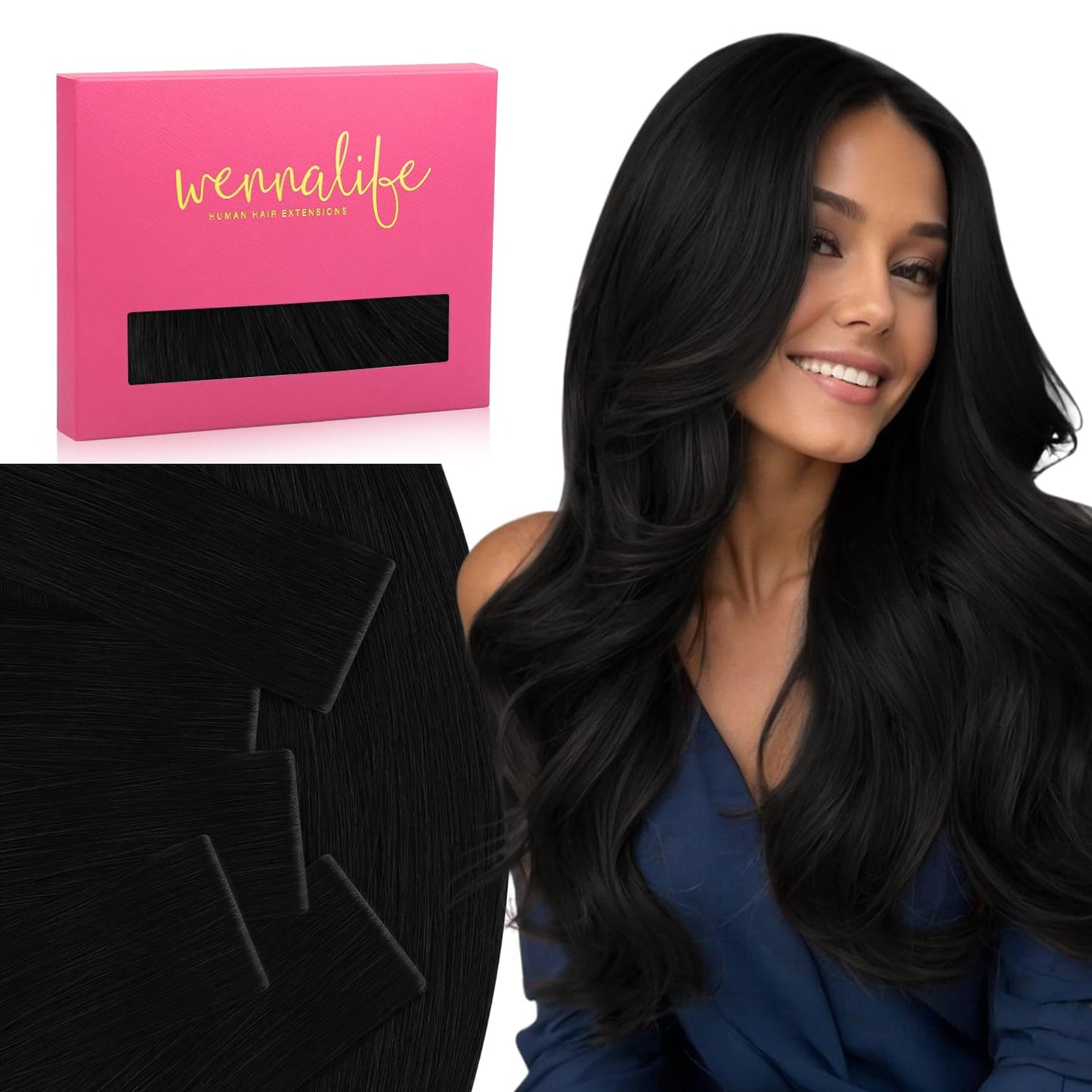 WENNALIFE Invisi Edge Tape in Hair Extensions Human Hair, 22 Inch 30g 10pcs Jet Black Invisible Luxury Remy Hair Extensions Natural Seamless Injected Tape Ins Straight Extensiones De Cabello Humano