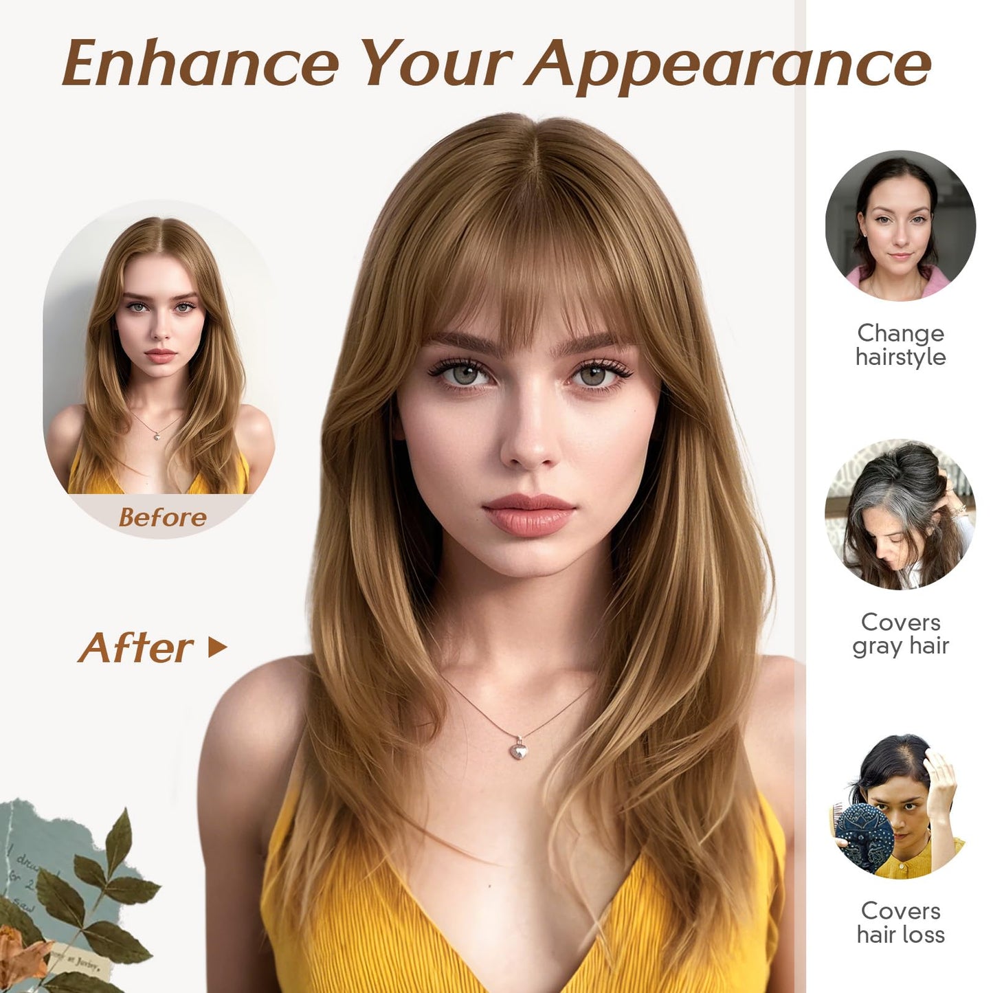 Rich Choices Hair Toppers for Women Real Human Hair 360°3D Clip in Bangs Remy Hairs Toppers With Bang Hairpieces for Women with Thinning Crown Wispy Clip in Topper 10 Inch With Bang-#6 Light Brown