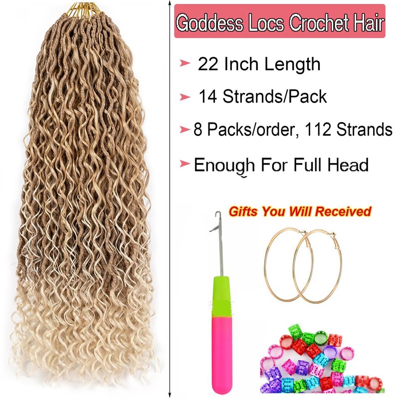Ahrencan Boho Goddess Locs Crochet Hair 22 Inch, 8 Packs Two Tone Crochet Goddess Locs With Curly Ends,Trendy Faux Locs Crochet Hair For Women Human Hair Crotchet Braids(22in,(pack of 8),T27/613#)
