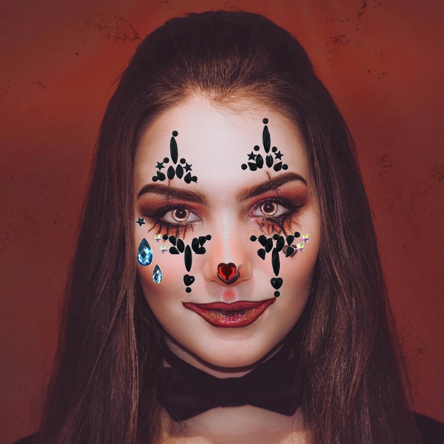 Halloween Clown Face Gems Jewels, Day of the Dead Rhinestone Face Jewels Temporary Skull Tattoos for Women Halloween Makeup Costume