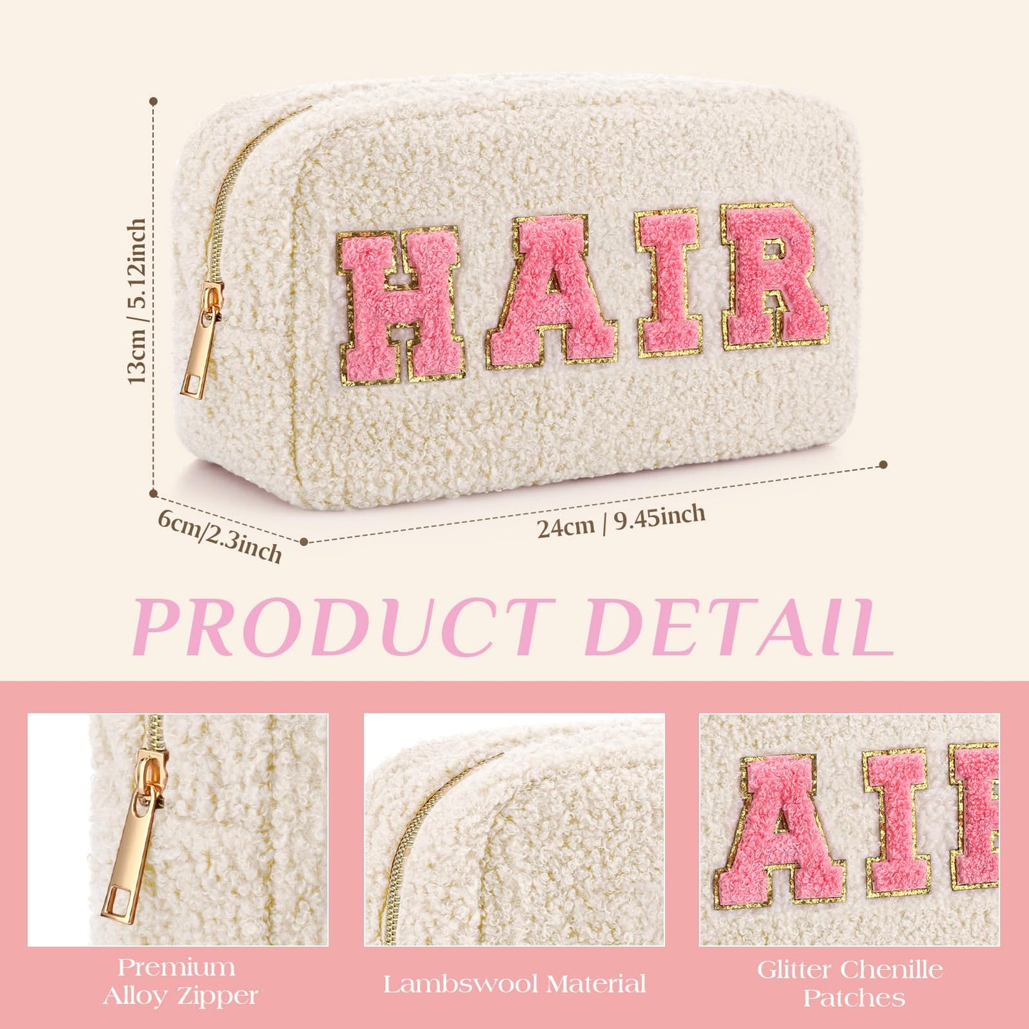Paterr 4 Pcs Chenille Letter Preppy Patches Makeup Pouch Bag Plush Fuzzy Makeup Pouch Hair Skin Face Stuff Bag Cute Cosmetic Purse Zipper Travel Toiletry for Wedding Birthday Gifts(Pink Colors)