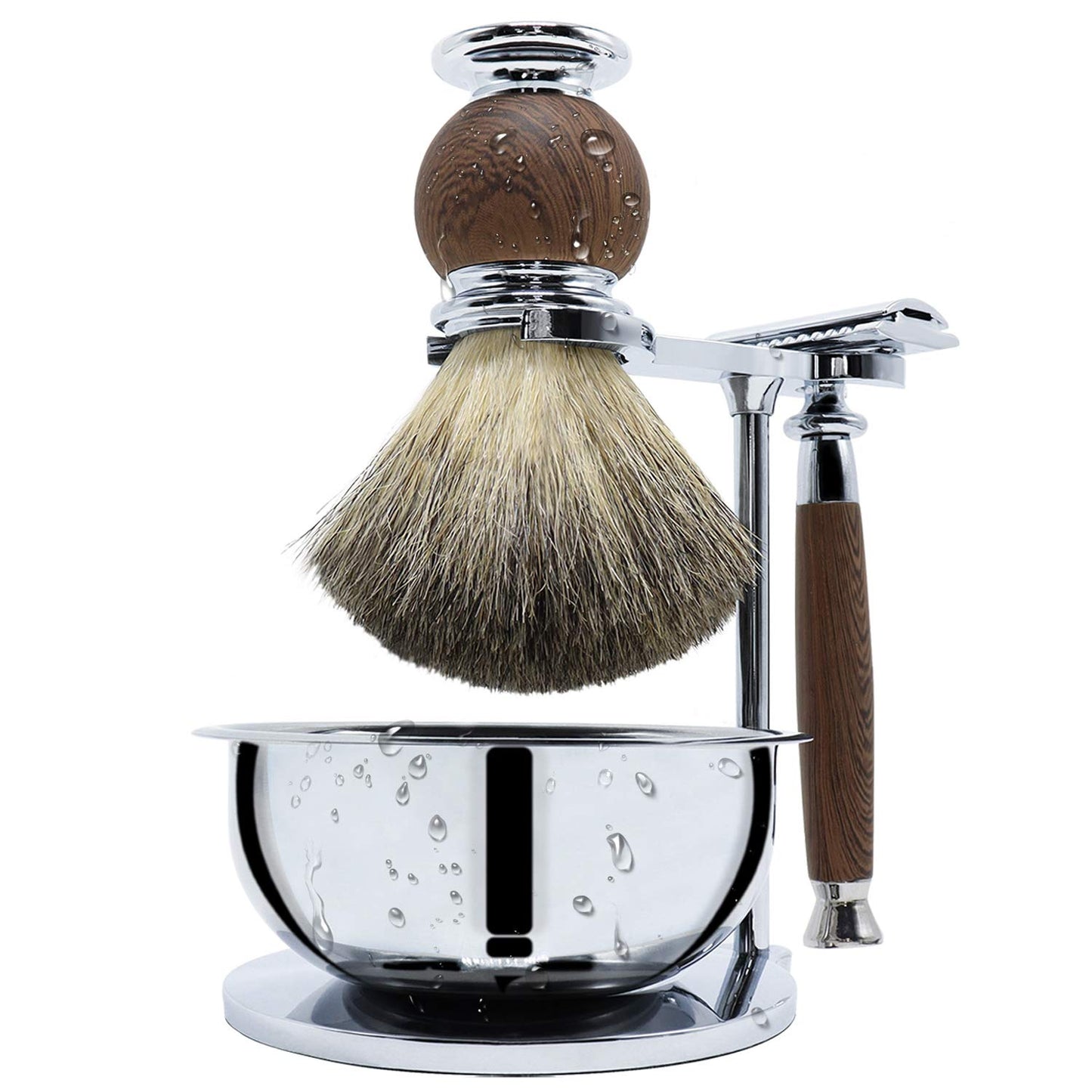 Jolitac Wet Shaving Kit For Men - Badger Hair Shaving Brush, Shaving Stand, Stainless Steel Shaving Bowl Mug, Double Edge Safety Razor, Men's Safety Razor Grooming Gift Set (Wood)
