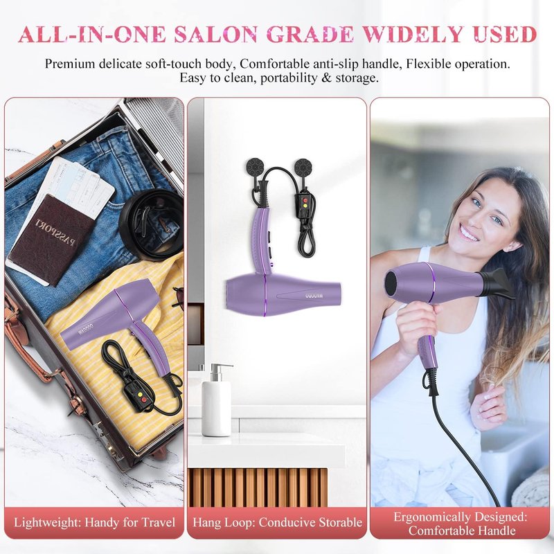 Ionic Hair Dryer - 2200W Professional Blow Dryer for Fast Drying | Low Noise, Travel-Friendly, Curly Hair Care (Purple)