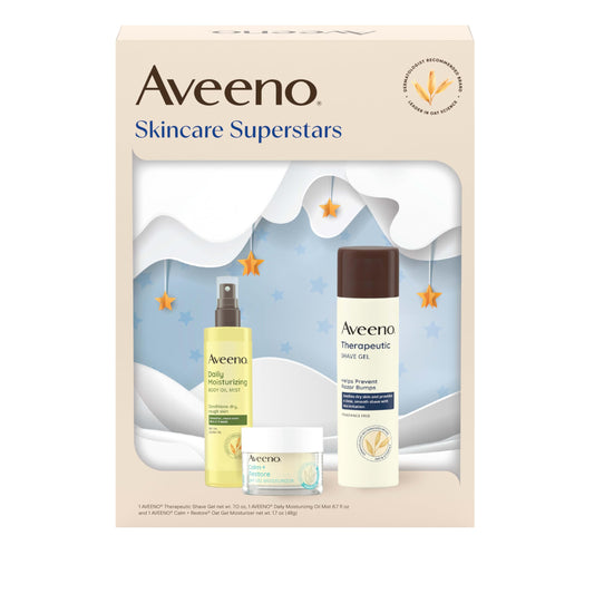 Aveeno Skin-care Superstars Gift Set with Calm + Restore Oat Gel Facial Moisturizer, Daily Moisturizing Body Oil Mist, & Therapeutic Shave Gel for Smooth Skin, 3 items