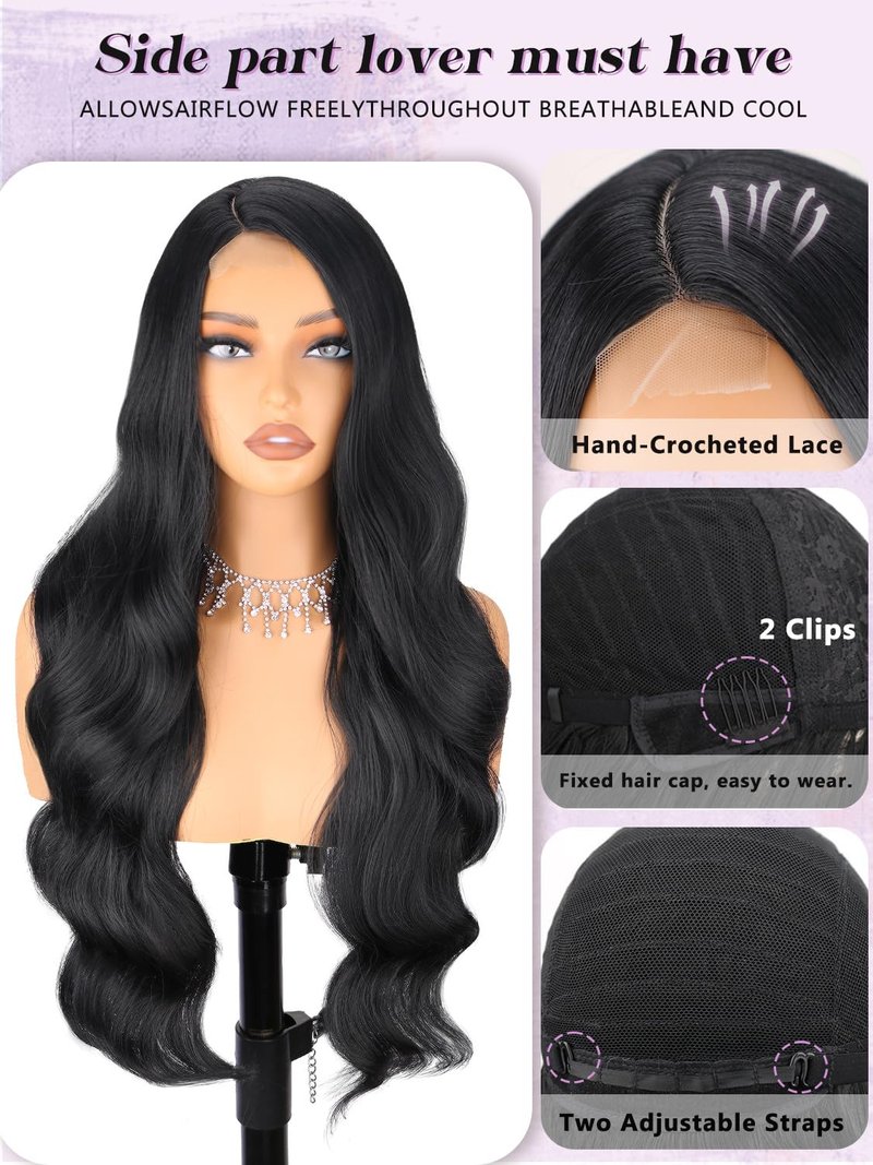 NOSTALGA Black Wigs for Women Long Wavy Curly Wig 28 Inch Side Part Natural Looking Synthetic Heat Resistant Wig for Daily Party Use