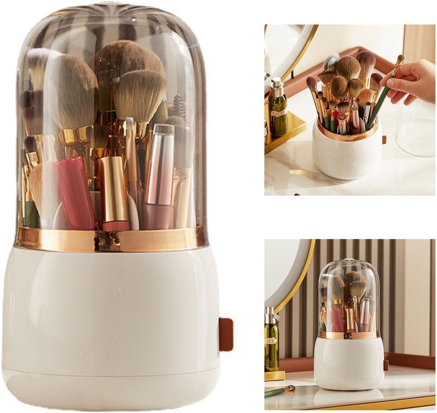 Makeup Brush Holder - 360° Rotating Makeup Organizer with Lid | White Storage Solution for Home