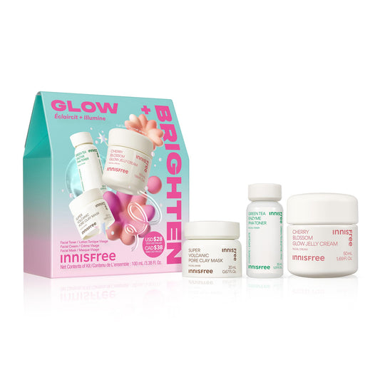 Innisfree Glow + Brighten Set | Korean Skincare Set with Volcanic Clay Mask, Cherry Blossom Jelly Cream and Green Tea Toner | Exfoliating, Soothing, Glass Skin, Pore Care | Suitable for All Skin Types
