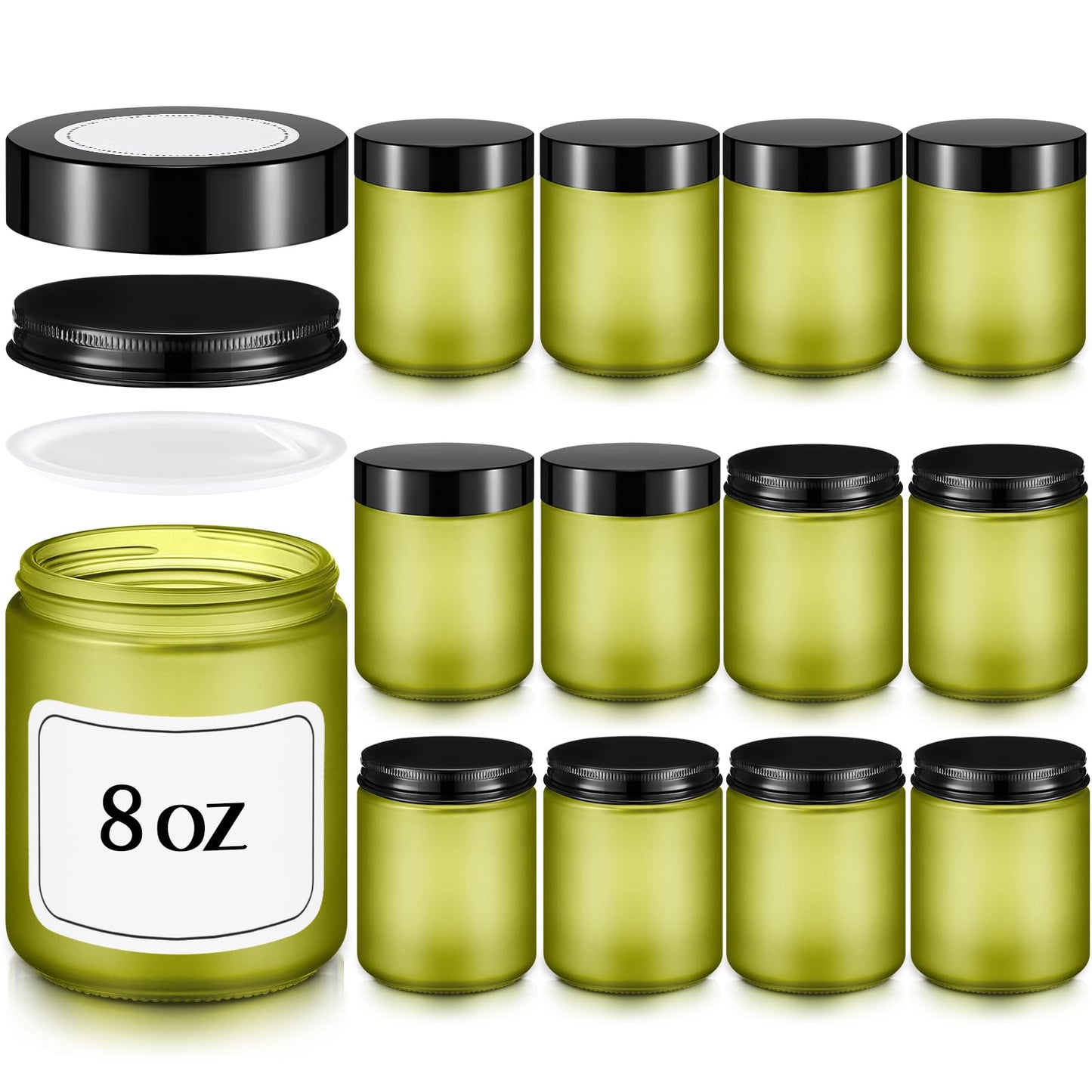 Norme 12 Pcs 8oz Thick Glass Jars with 24 Plastic Metal Inner Liners Lids Empty Glass Jars with 24 Label Airtight Storage Containers Operation Christmas Items for Lotions Creams(Green)