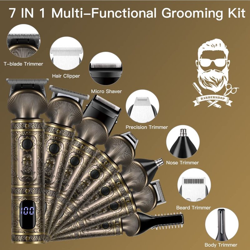 Scttomon Beard Trimmer Kit Professional Hair Clipper Zero Gapped T-Blade Electric Shaver Razor Nose Body Trimmer for Men Cordless Grooming Kit 7 in 1