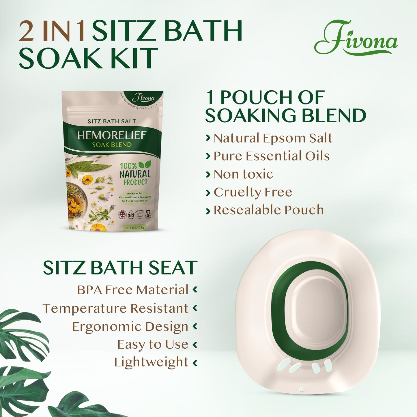 Fivona 2-in-1 Sitz Bath Soak Kit Over The Toilet Seat with Epsom Salt Blend with Essential Oils for Hemorrhoids and Postpartum Care Ideal for Perineal Soaking and Fast Irritation Relief