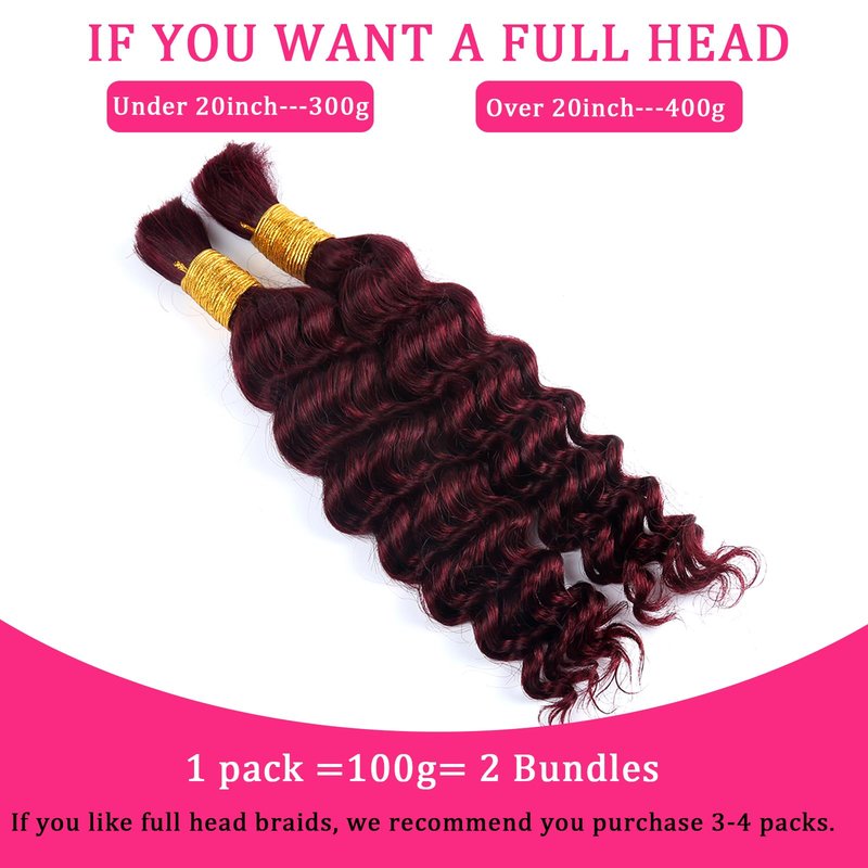 Human Braiding Hair for Boho Braids Burgundy Deep Wave Bulk Human Hair for Braiding 18 Inch 2 Bundles 100G #99J Wet and Wavy Curly Human Hair Red Braiding Hair Extensions No Weft Bundles for Braiding