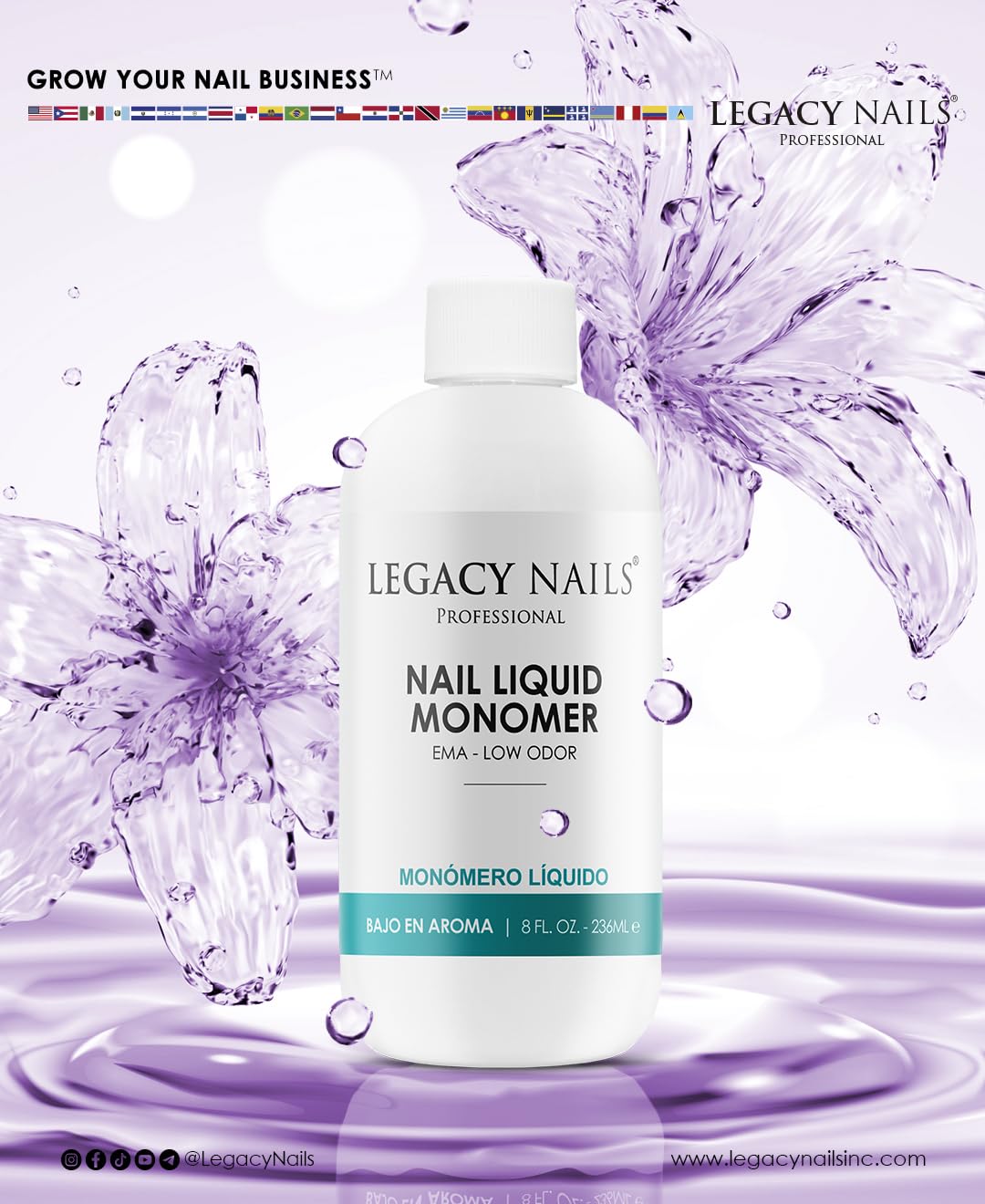 LEGACY NAILS Professional NAIL LIQUID MONOMER - MMA-Free, Acetone-Free, Low Odor Formula, Compatible with All Acrylic, Perfect for Nail Extensions, Sculpting & Overlays - 236ml / 8 FL.oz.