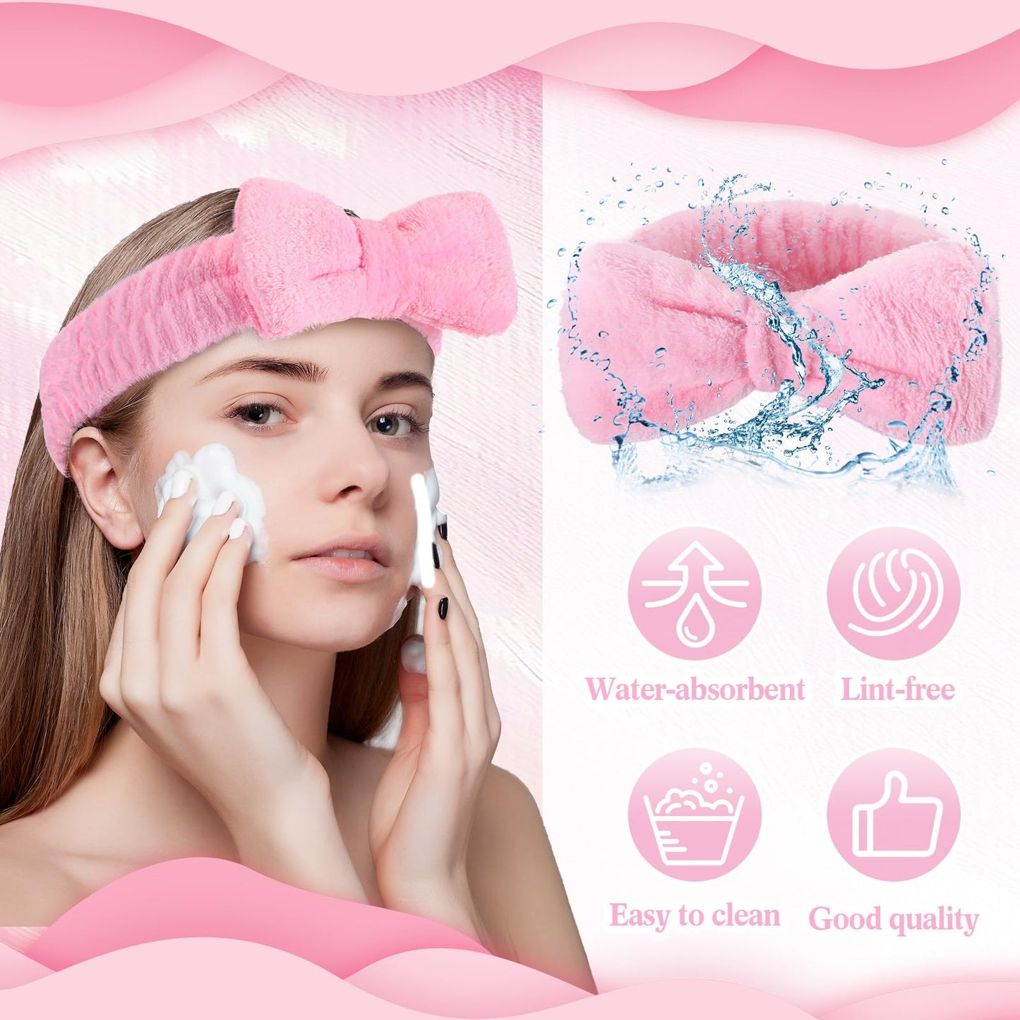 Wavyknot 25 Pcs Pink Spa Headband Bulk Pink Makeup Headbands for Washing Face Cute Bow Hairbands Soft Coral Fleece Hairbands for Women Face Skin Care Makeup Spa Gift Shower Yoga