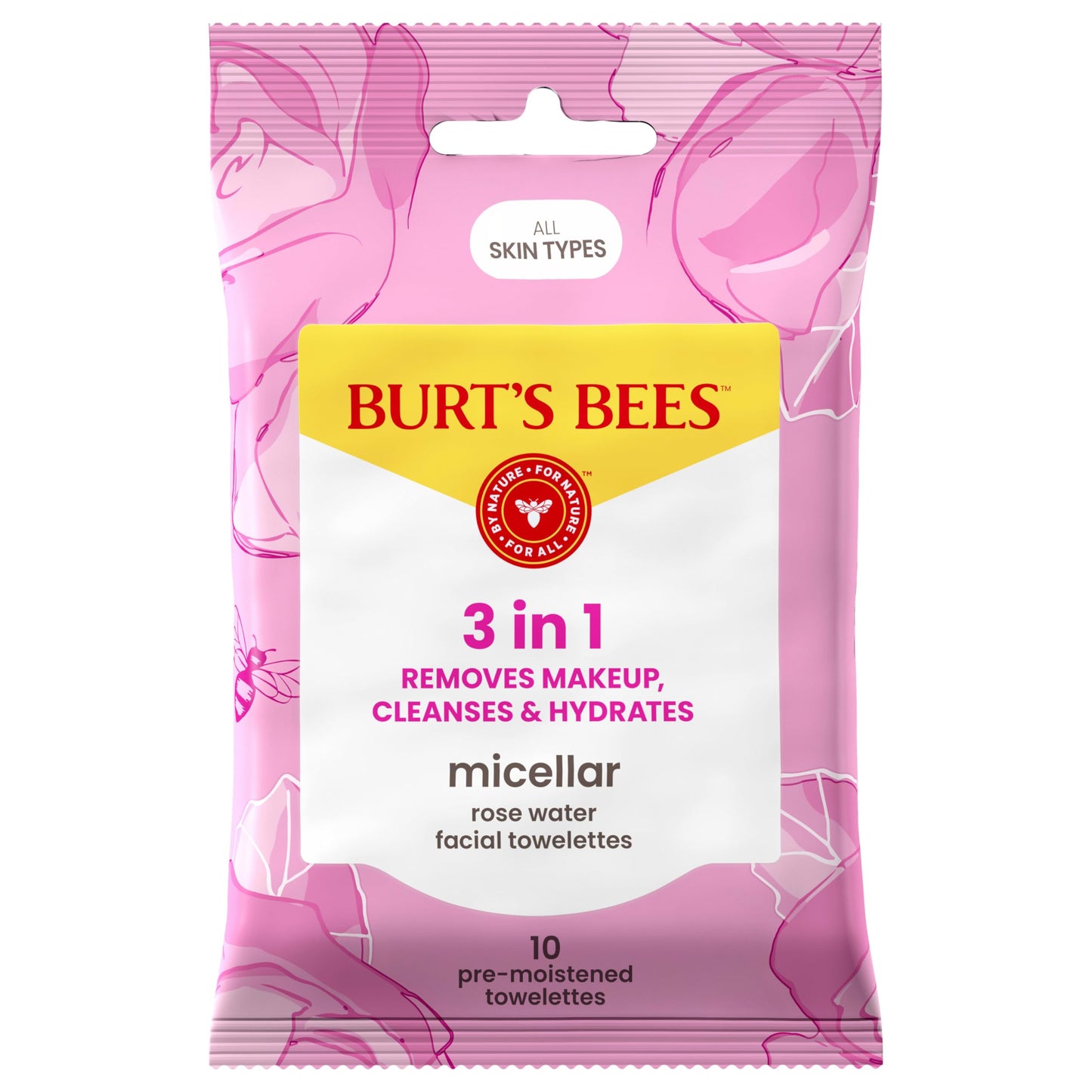 Burt’s Bees Micellar Rose Water Facial Towelettes, 100% Plant Based Cloth; 99% Natural Origin; Remove Makeup, Cleanse, Hydrate; No Greasy, Oily Residue; All Skin Types (Pack May Vary)