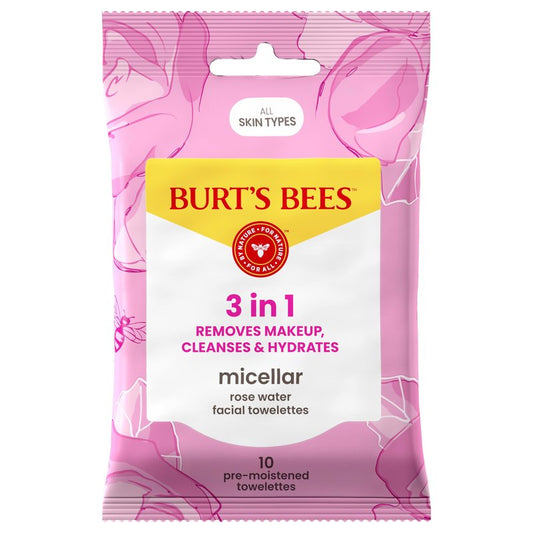 Burt’s Bees Micellar Rose Water Facial Towelettes, 100% Plant Based Cloth; 99% Natural Origin; Remove Makeup, Cleanse, Hydrate; No Greasy, Oily Residue; All Skin Types (Pack May Vary)