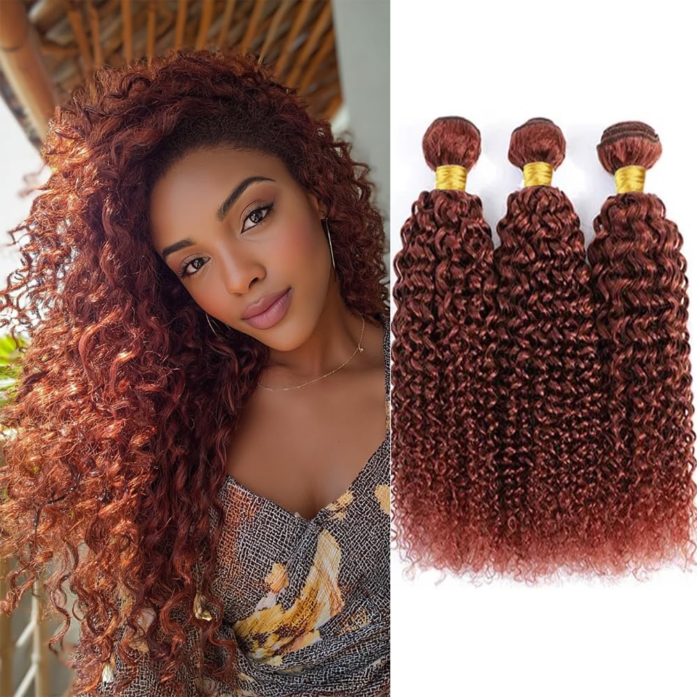 QEUOPE Auburn Kinkycurly Bundles Human Hair Color 33 Reddish Brown Deep Curly Wet and Wavy Bundles Double Weft Brazilian Hair Extensions Silky and Soft for Women (8 10 12 inch 3 Bundles)