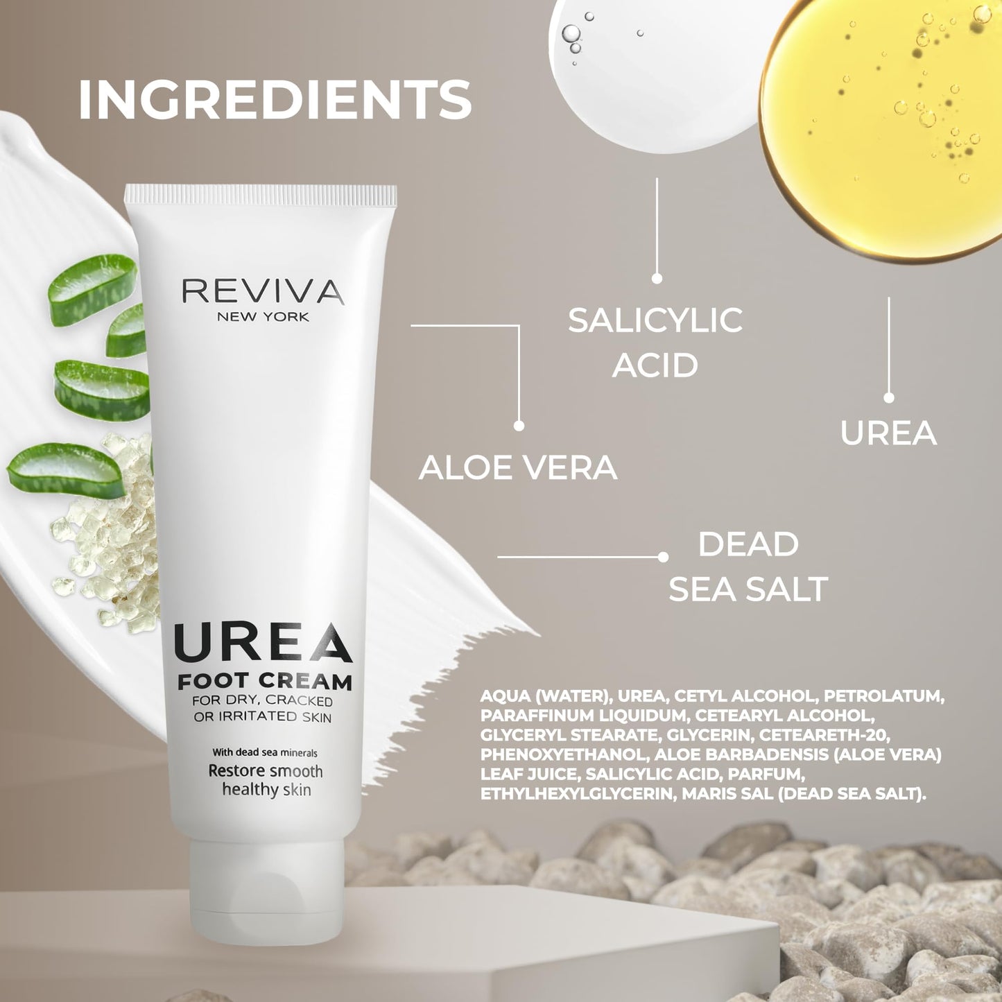 REVIVA NEW YORK Foot Cream for Dry Cracked Feet with Urea & Salicylic Acid - Intensive Foot Cream & Foot Callus Softening - Cracked Heel Cream & Toenail Softener with Dead Sea Minerals