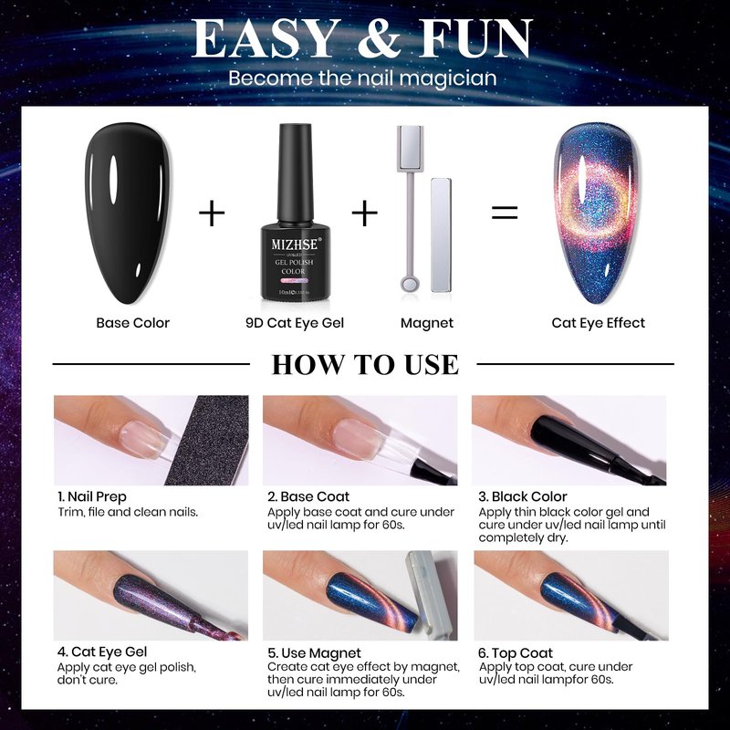 MIZHSE 9D Cat Eye Gel Nail Polish: Magnetic Gel Polish Set 10 ml 6 Colors with 2 Magnet Sticks, Chameleon Magic Galaxy Shiny Effect Cateye Nail Polish Soak off Nail Art Gift for Ladies