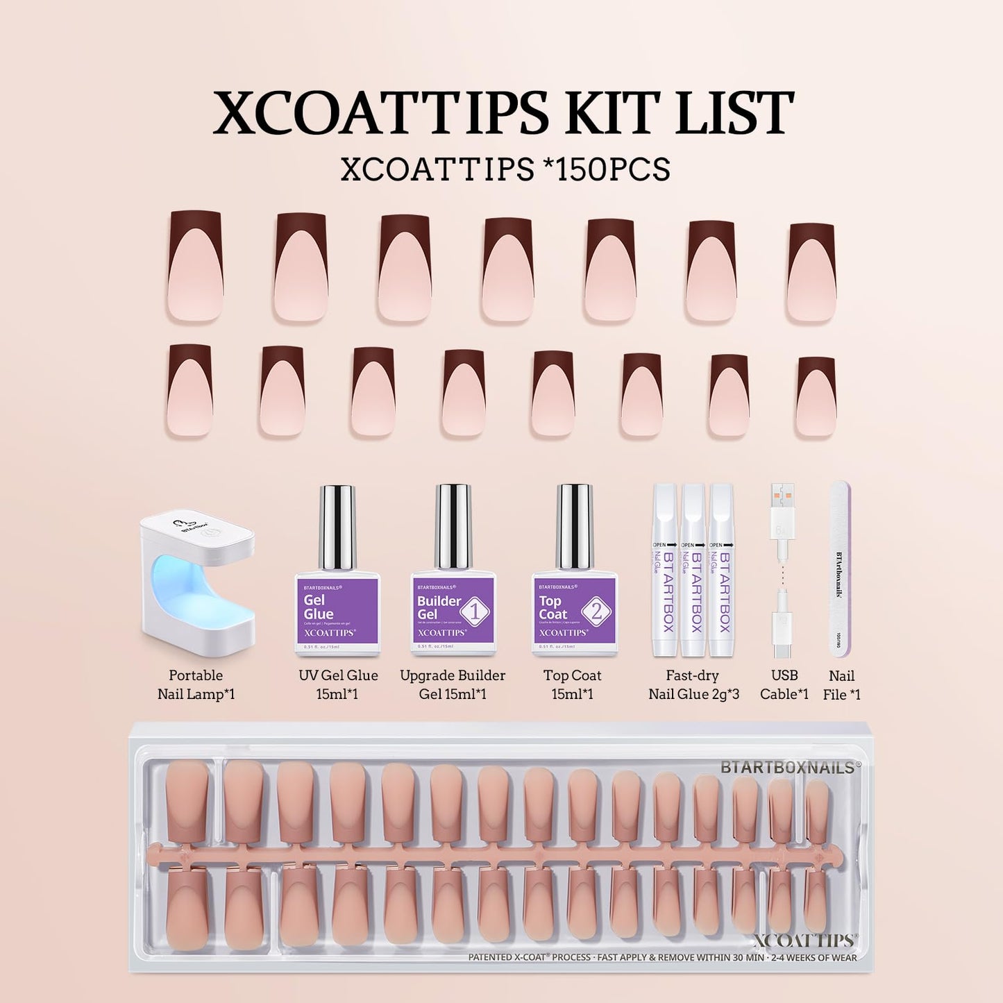 BTArtboxnails XCOATTIPS French Tip Nail Kit - Long Square Nail Tips Brown with Nail Gel, French Protecing Duo, Nail Lamp, Gel Nail Extension Kit