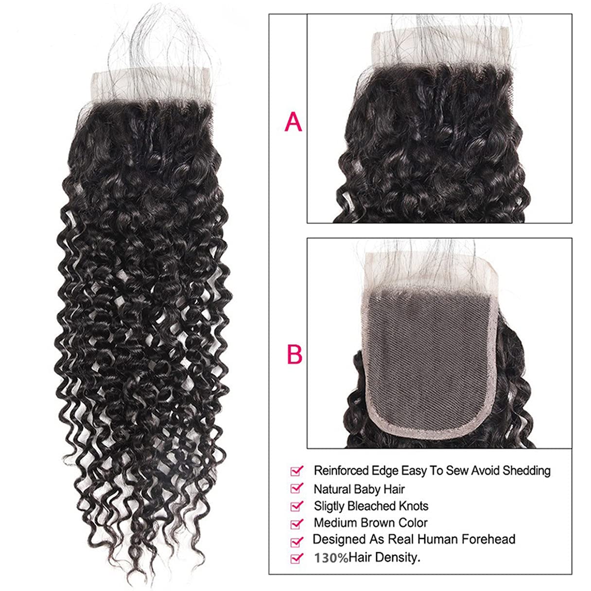 Brazilian Kinky Curly 4x4 Lace Closure 100% Unprocessed Human Virgin Hair Pre Plucked Jerry Curly Pre-Plucked Hairline Frontal Closure Natural Black With Baby Hair (14inch, curly closure)