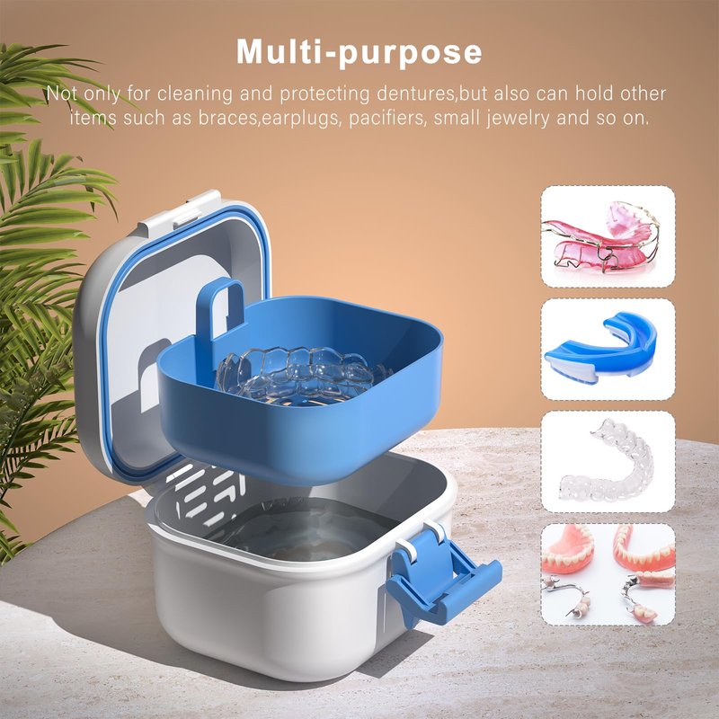 BVN Denture Bath Case, Leak-Proof Retainer Cleaning Case with Rinsing Basket, Portable Mouth Guard Container for Soaking & Storage, Travel False Teeth Box