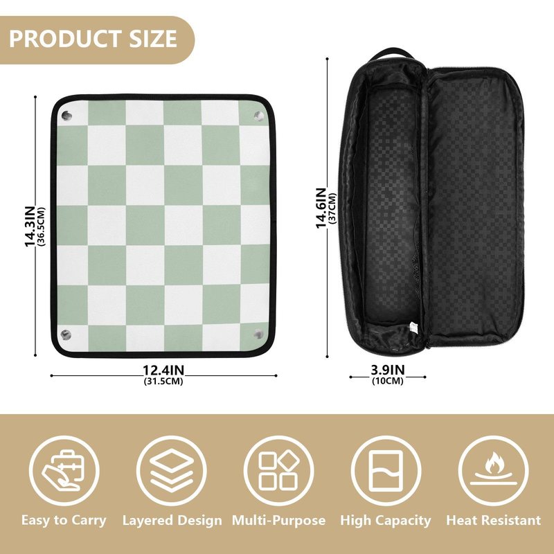 Checkered Green and White Hair Tools Travel Bag with Heat Resistant Mat Detachable 2-in-1 Curling Iron Travel Case Hot Tools Organizer for Straightener Flat Iron