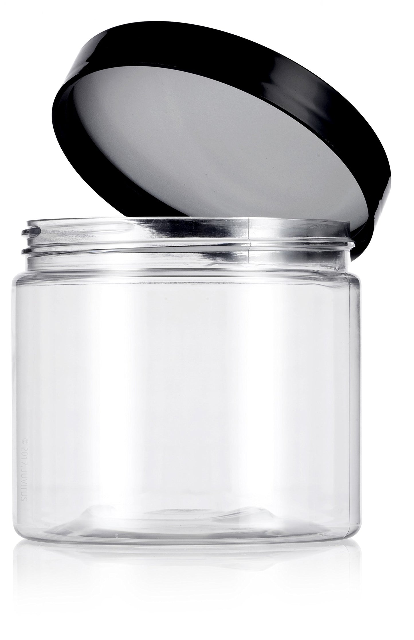JUVITUS (12 pack) 16 oz Clear PET Plastic Jar with Black Smooth Lid + Labels Refillable Storage