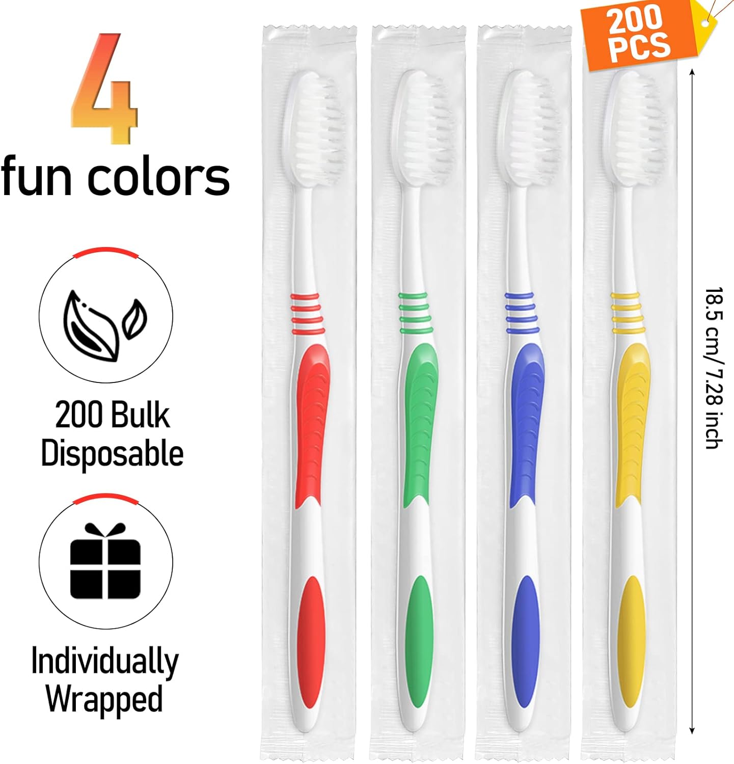 Honeydak Disposable Toothbrushes - 200 Packs of Soft Bristle Travel Toothbrushes | Individually Wrapped, Multicolor