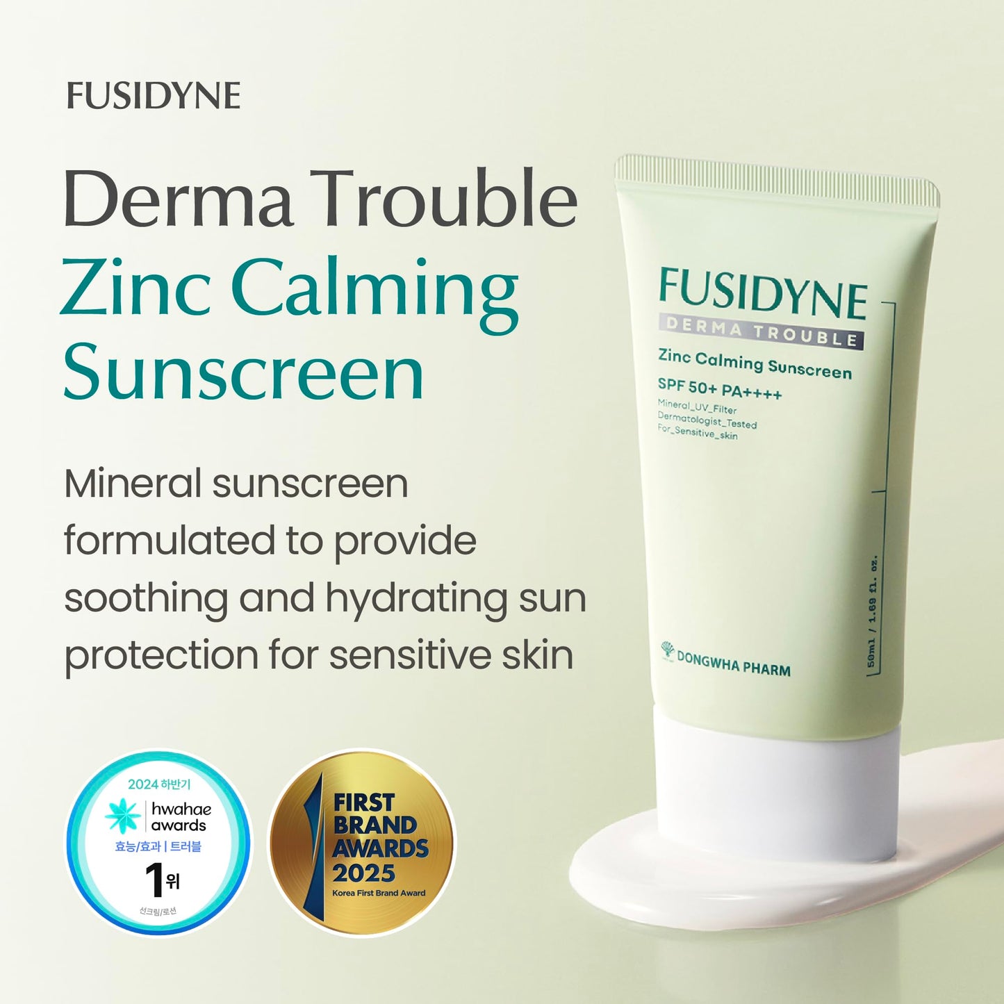 Fusidyne Derma Trouble Zinc Sunscreen SPF 50+ | No White Cast Lightweight Mineral Face Sunscreen for Sensitive & Acne-Prone Skin | Fragrance-Free Broad Spectrum Non-Comedogenic 50ml