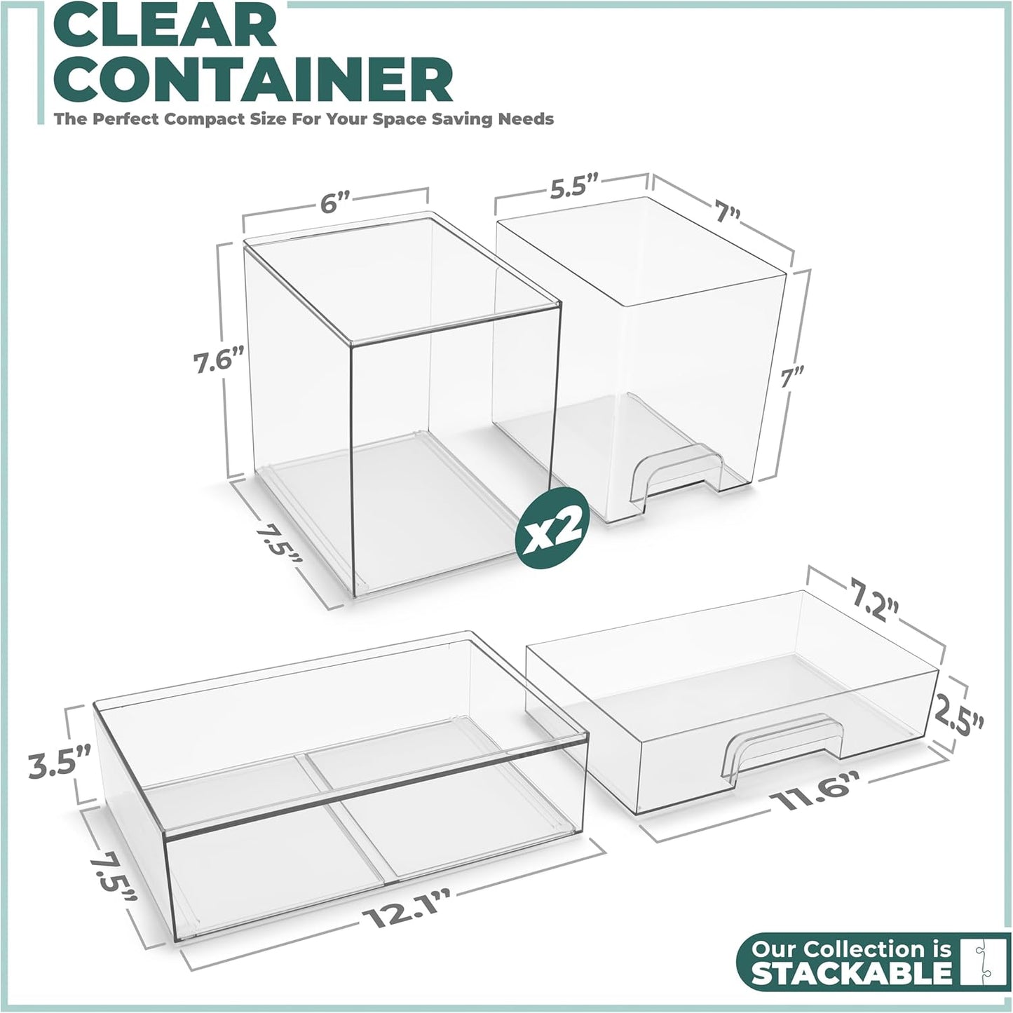 Acrylic Storage Containers - 3 Pack Stackable Bins for Bathroom Organization | Clear Makeup Drawer Organizers (7.6’’ Tall, 12.1’’ Wide)