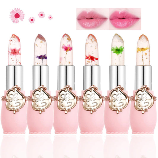 Btspring Clear Flower Jelly Lipstick, 6 Packs Nutritious Moisturizer Lip Balm Temperature Color Change Lipstick Matte Long Lasting Lip Gloss (Pink)