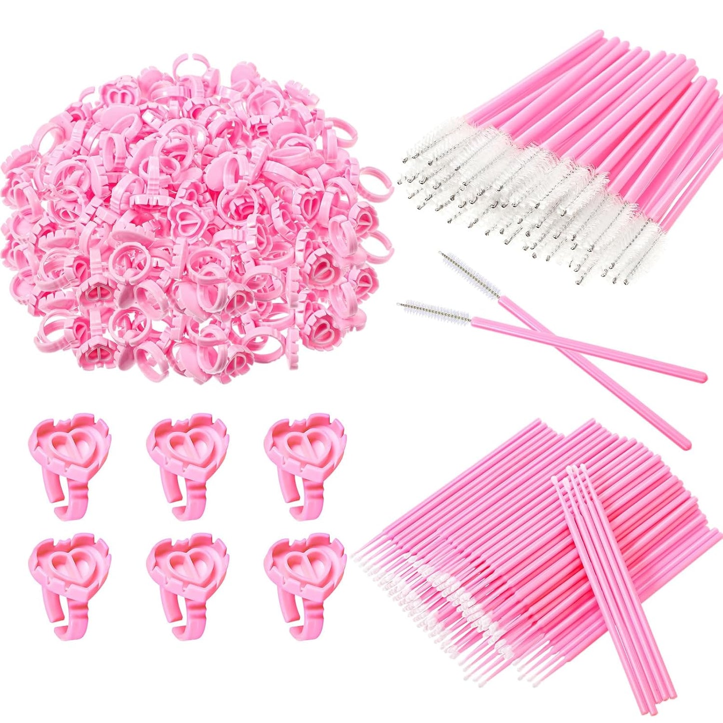 Eyelash Extension Supplies Kit - 3000 Pcs Disposable Heart-Shaped Glue Rings, Brushes & Swabs | Pink