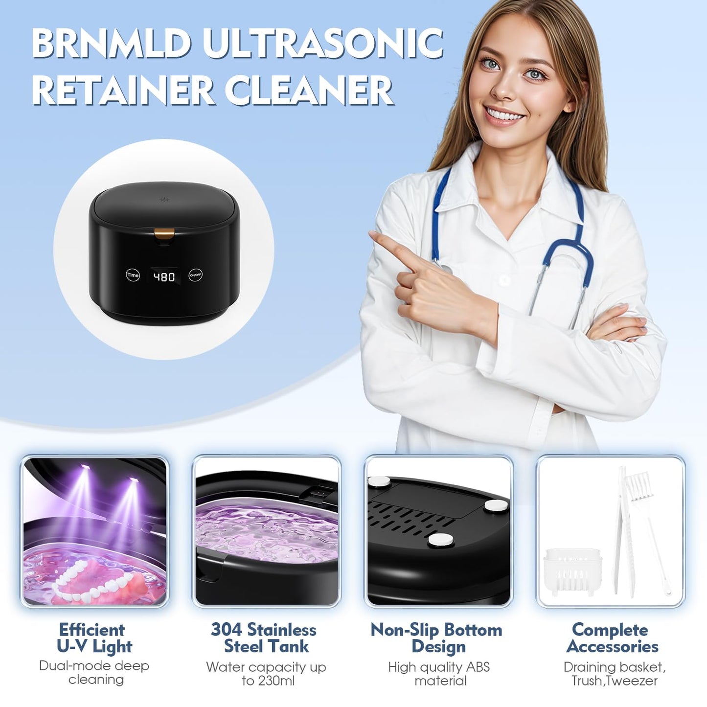 Ultrasonic Retainer Cleaner - 45kHz Sonic Dental Cleaning Machine for Dentures, Mouth Guards & Jewelry | 5 Modes, Black
