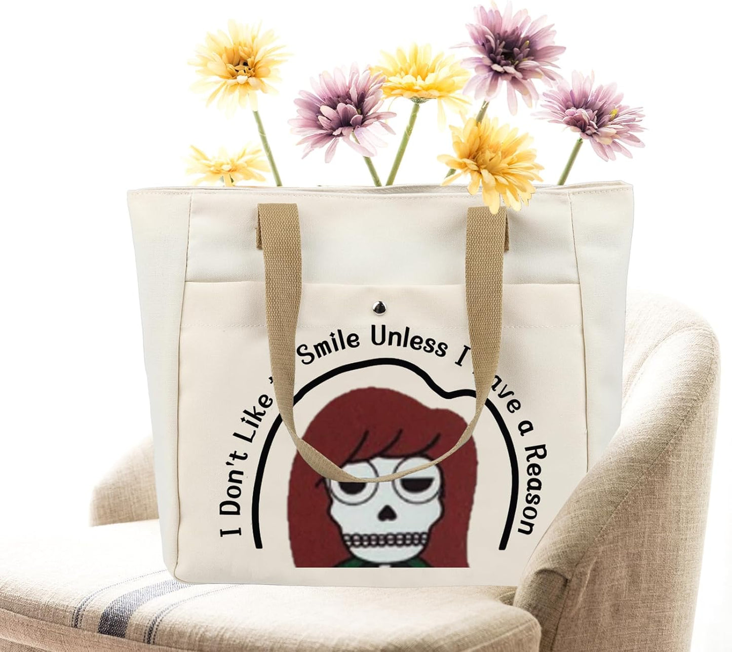 Cartoon Tote Bag - I Don't Like To Smile Unless I Have a Reason | 90s TV Show Merchandise for Fans
