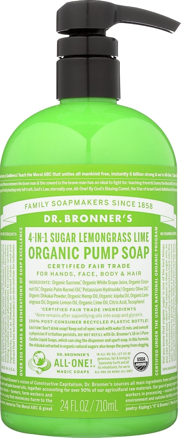 Dr. Bronner's Organic Liquid Soap - 4-in-1 Sugar Lemongrass Lime | Vegan, 24 Fl Oz