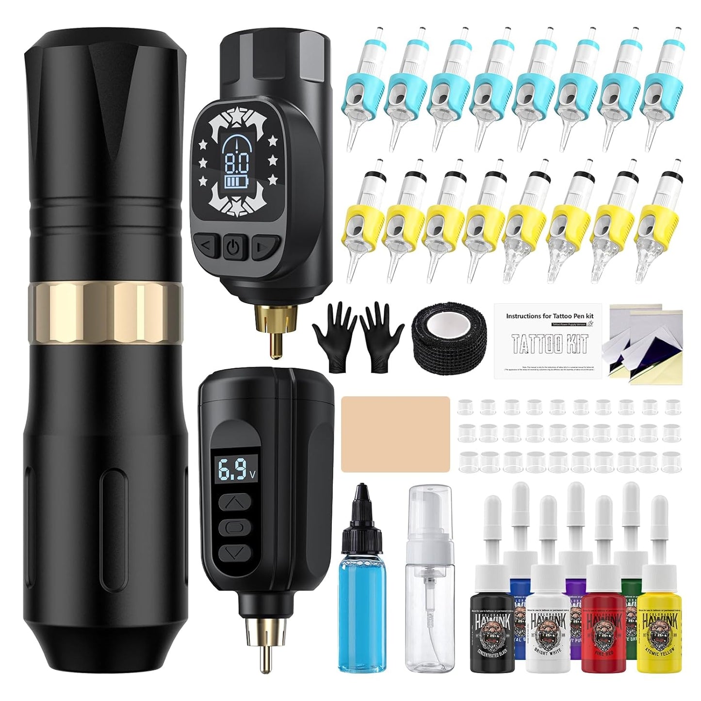 Wireless Tattoo Machine Pen Kit - Complete Tattoo Gun Set with 2 Batteries, 16 Needles & 7 Ink Colors