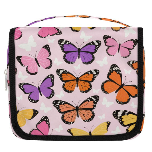 Ethebre Colorful Butterflies Pattern Kids Toiletry Bag for Girls, Waterproof Hanging Makeup Organizer Travel Cosmetic Bag with Hook, Portable Toiletries Case for Sleepovers School Vacations
