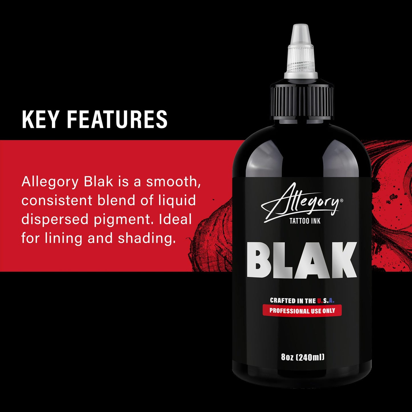 Allegory Tattoo Ink – Blak, Premium Black Tattoo Ink, Perfect for Lining and Shading, Smooth, Consistent Pigment, Vegan Friendly Tattoo Color, Organic Ink, Crafted in the USA, 8 oz