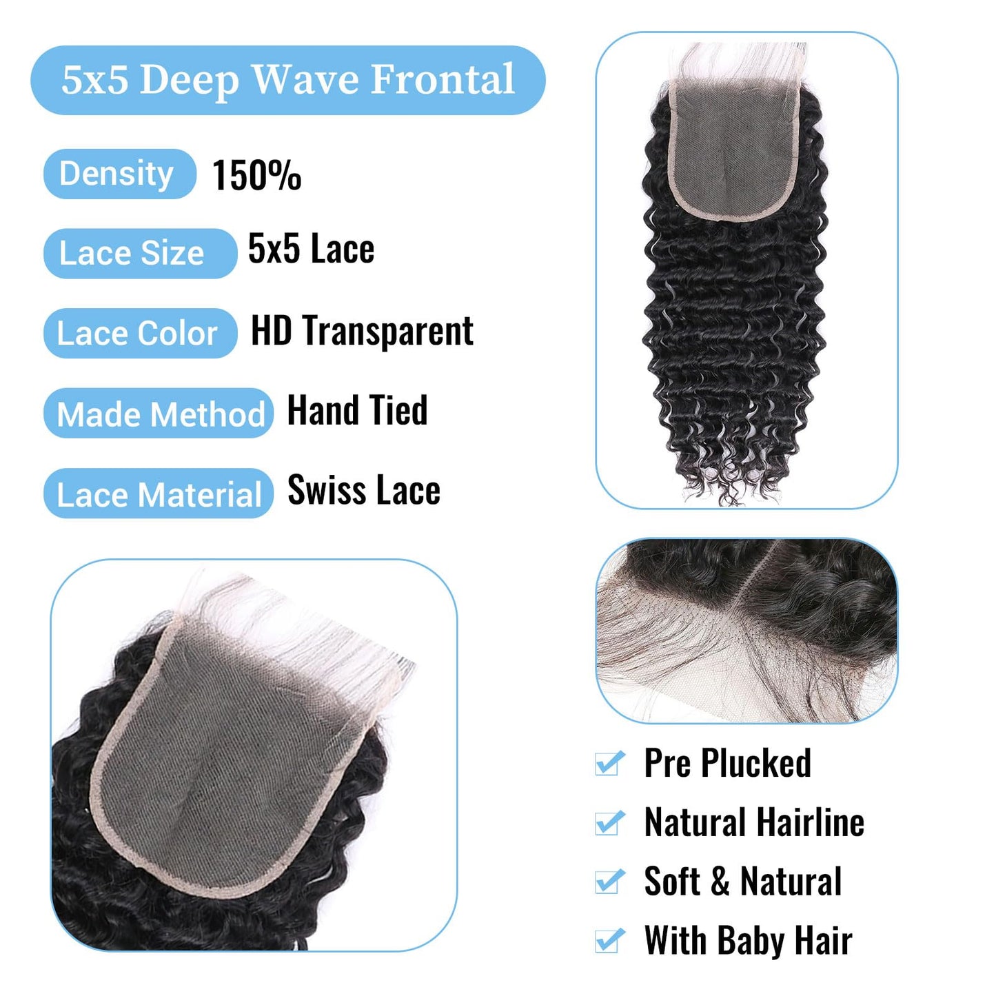 5x5 Deep Wave Lace Closure Human Hair HD Lace Closure Pre Plucked With Baby Hair Free Part 100% Brazilian Virgin Human Hair for Black Women Natural Color 12 Inch
