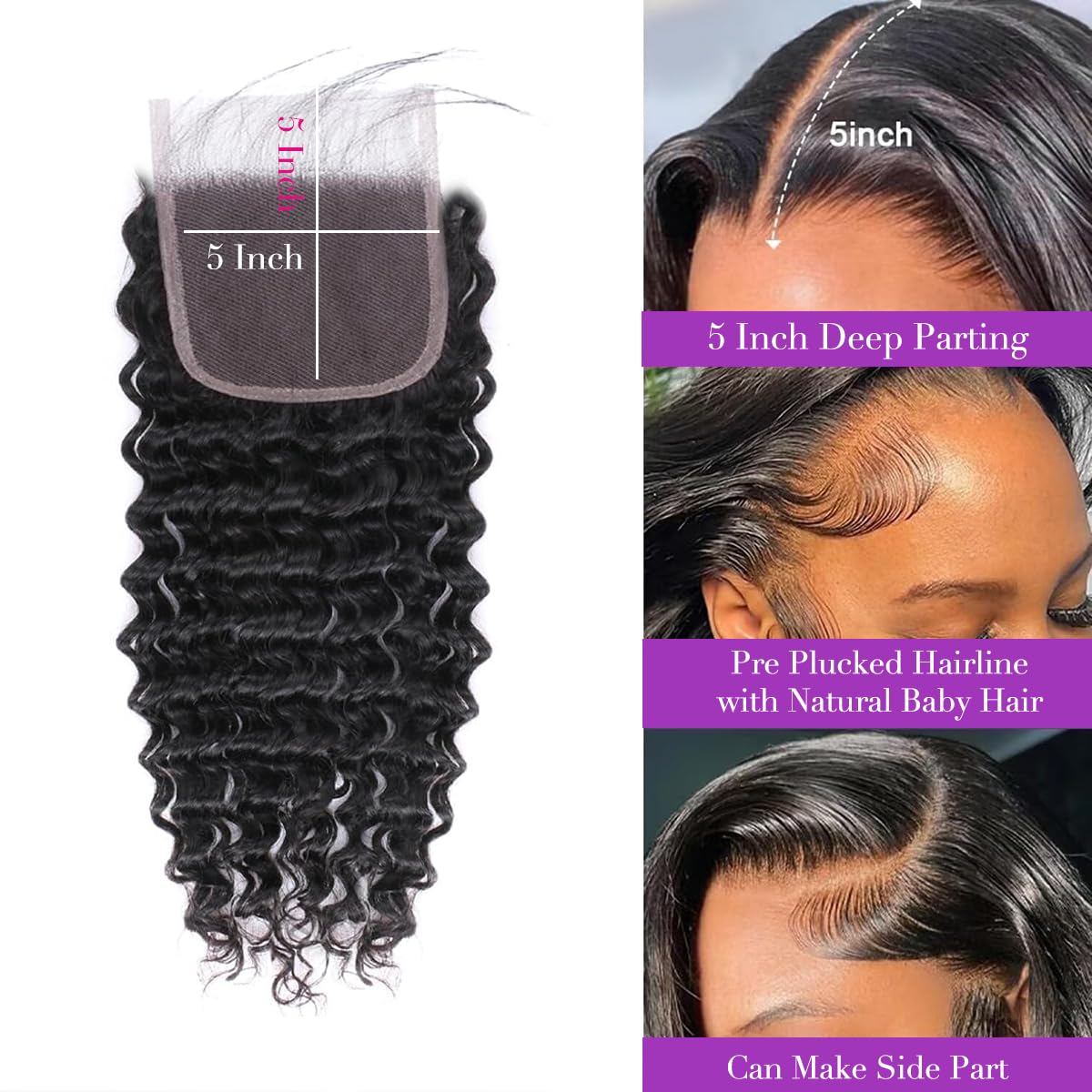5x5 Closure Deep Wave Transparent HD Lace Closure Brazilian Virgin Human Hair Closure Curly Lace Frontal Pre Plucked with Baby Hair Natural Color 16 Inch