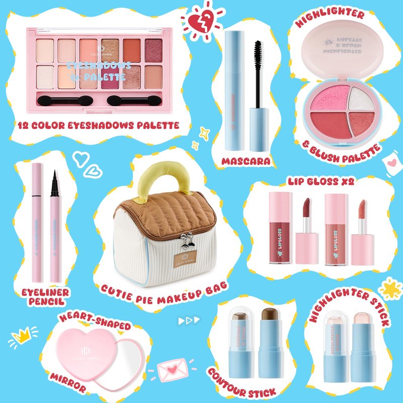 Color Nymph All in One Makeup Kit For Teens Girls Beginner with Makeup Bag, Girl Makeup Set for Teen Girls Includes Eyeshadow, Face Blush Contour Highlighter Lipgloss Mascara Mirror, Travel MakeUp Kit