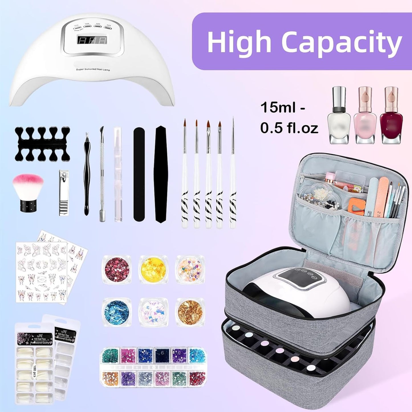 ALSLEA Nail Polish Organizer Holds 30 Bottles (15ml - 0.5 fl.oz) Double-layer Gel Nail Polish Kit Carrying Case, Nail Holder for Nail Lamp, Portable Nail Organizer and Storage for Nail Supplies (Gray)