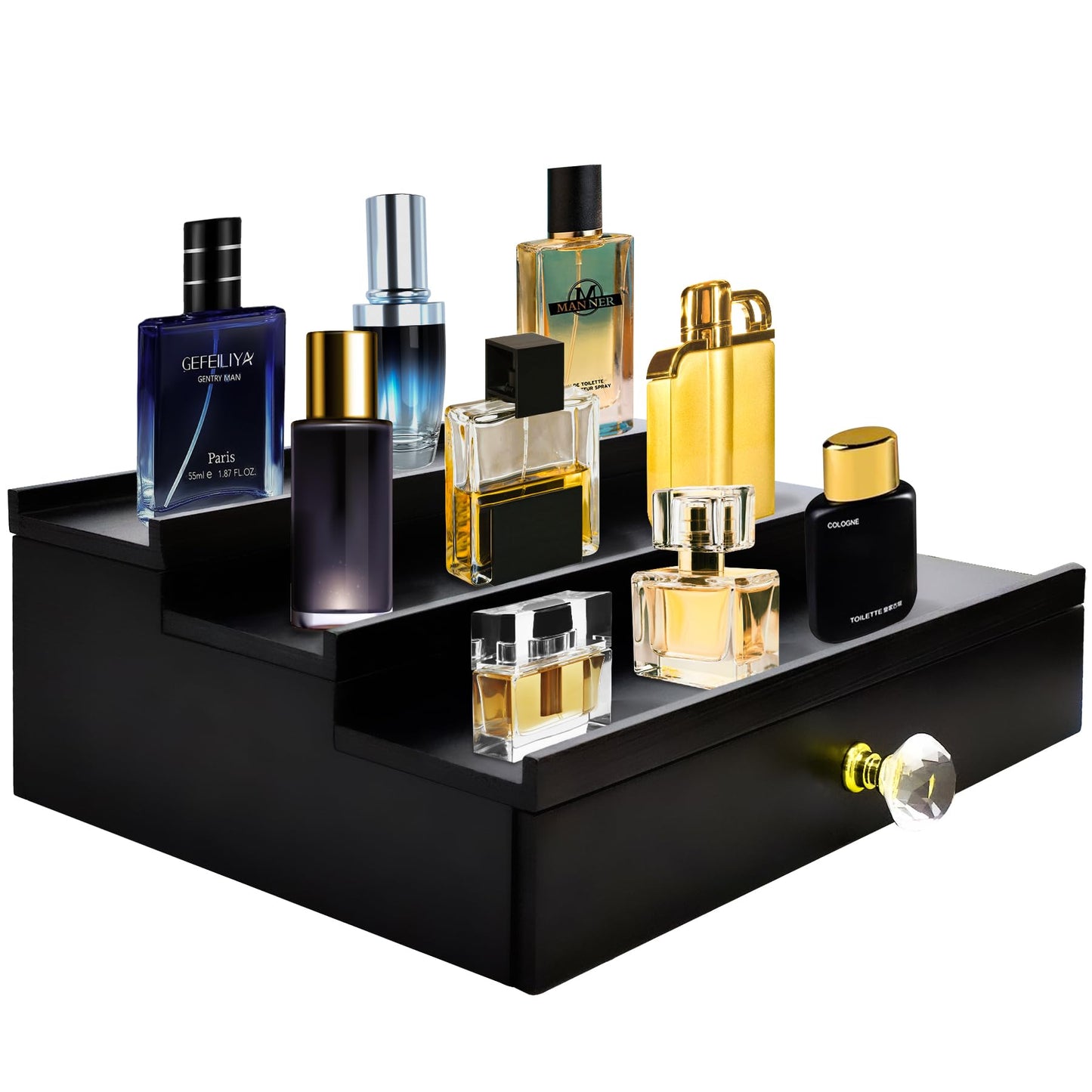 KALLODEAR Cologne Organizer for Men, 3 Tier Cologne Stand Organizer for Men, Wood Perfume Organizer with Felt Lining Drawer and Hidden Compartment, Great Gift for Men(Black)