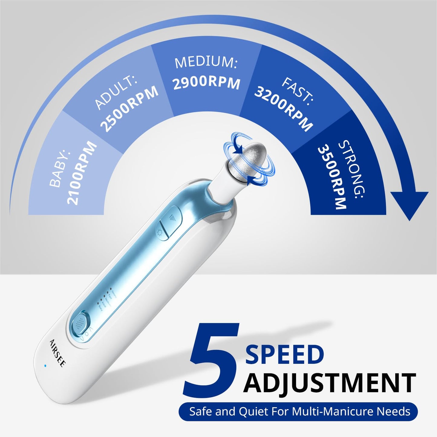 AIRSEE Professional Manicure Pedicure Kit,Cordless 6 in 1 Electric Nail File for feet,5 Speed Rechargeable Pedicure Tools for Thick Nail Toenail Cuticle, Hand Feet Trimmer Buffer for Women Men,Blue