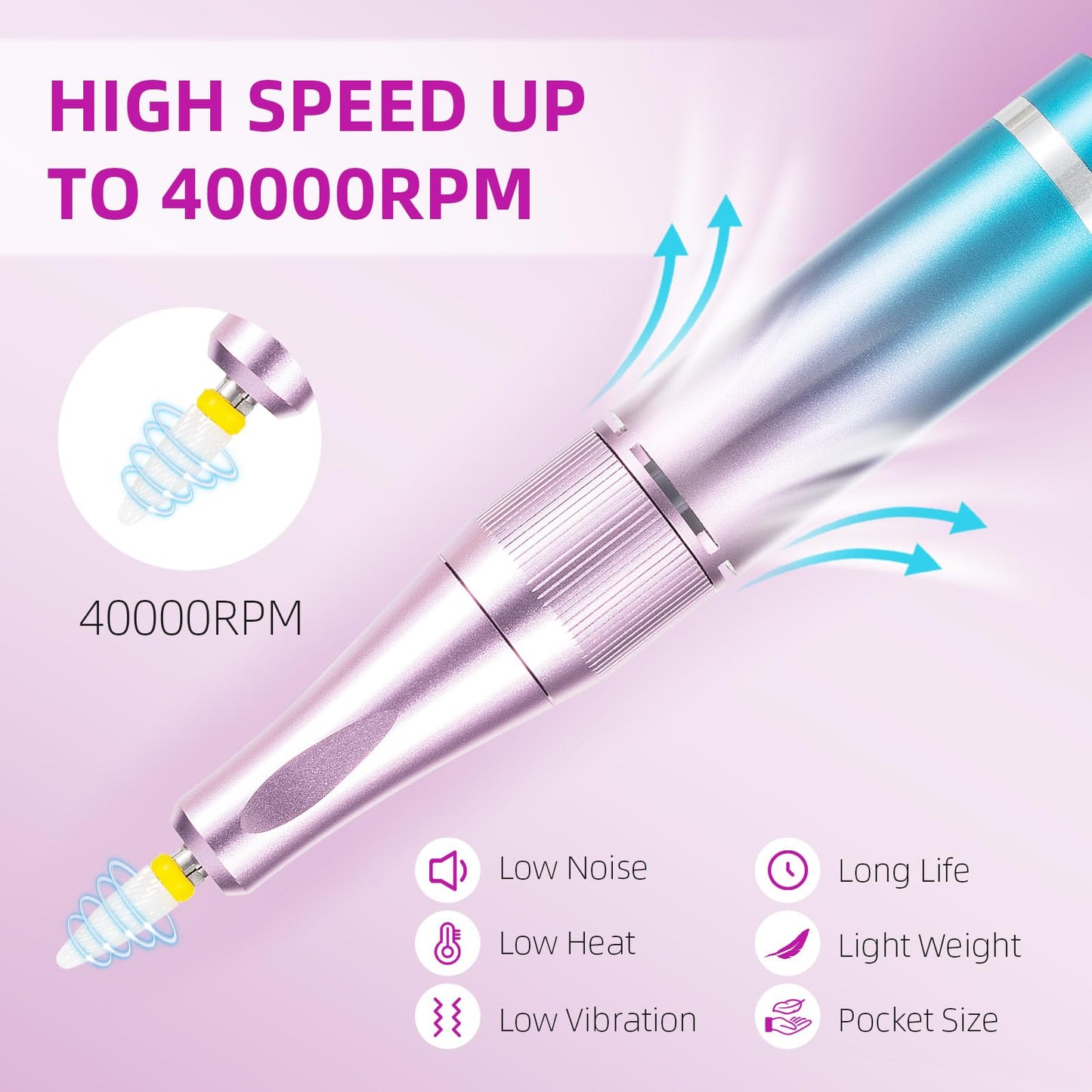 Electric Nail Drill Professional:40000RPM Electric Nail Drill Machine,Rechargeable Nail Efile for Acrylic Gel Nails, Manicure Pedicure Polishing Shape Tools for Salon Home Use