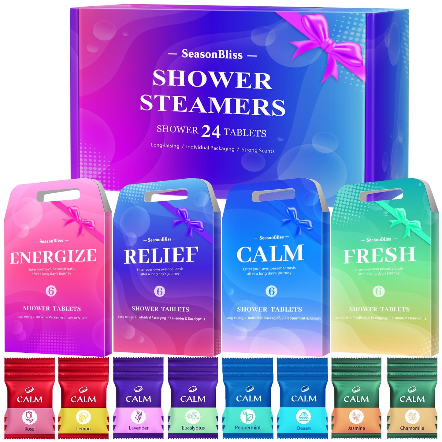 SeasonBliss Shower Steamers 24 Pack, Shower Tablets, Natural Ingredients, 8 Different Scents, Individually Wrapped Shower Steamer, Shower Steamers for Women