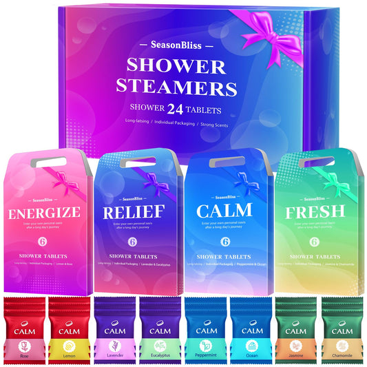 SeasonBliss Shower Steamers 24 Pack, Shower Tablets, Natural Ingredients, 8 Different Scents, Individually Wrapped Shower Steamer, Shower Steamers for Women