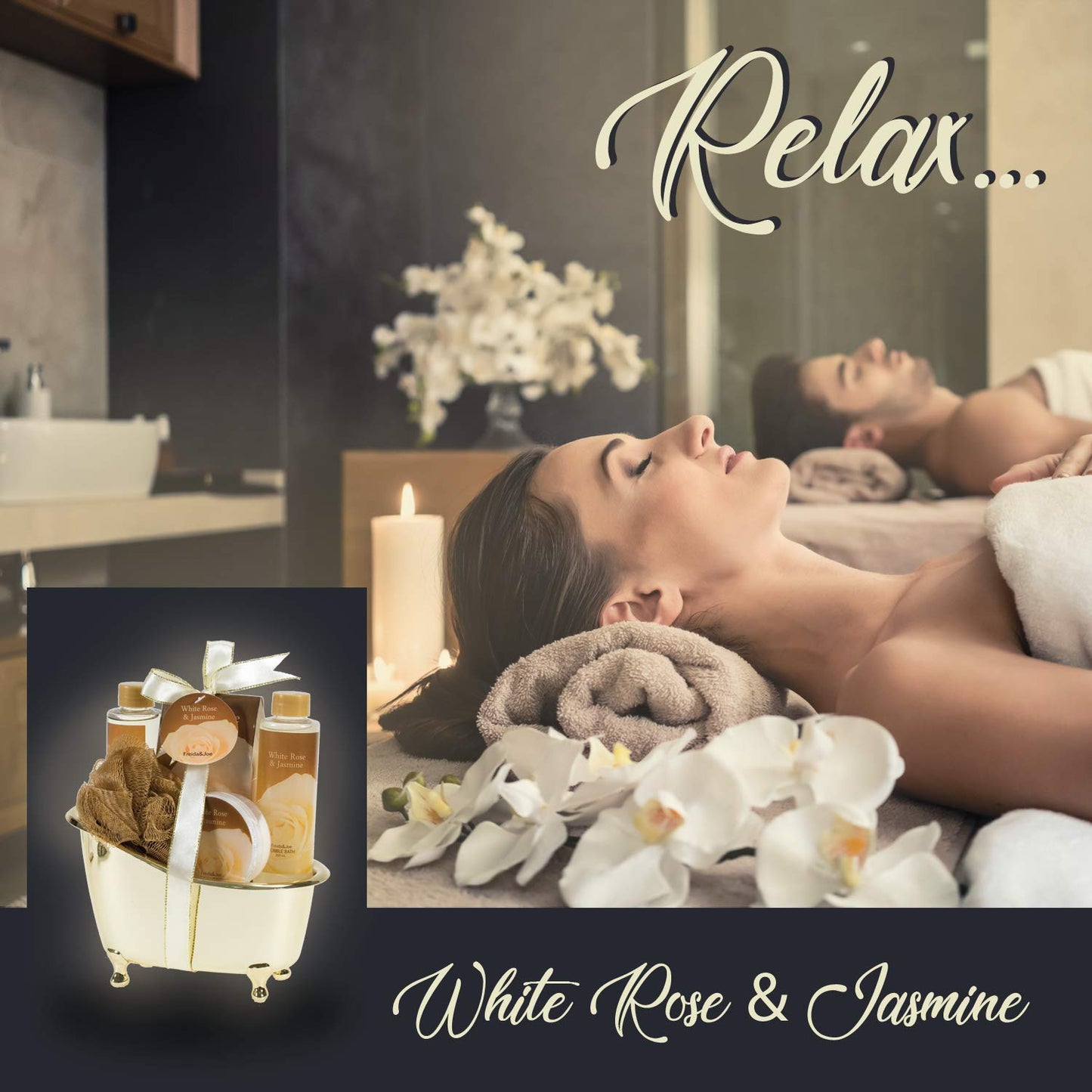 White Rose Jasmine Spa Set For Women in Elegant Gold Tub Includes Shower Gel, Bubble Bath, Body Lotion, Jasmine Bath Salt, Pouf, Award Winning Bath Body Set Gift – Mother's Day Gift for Mom