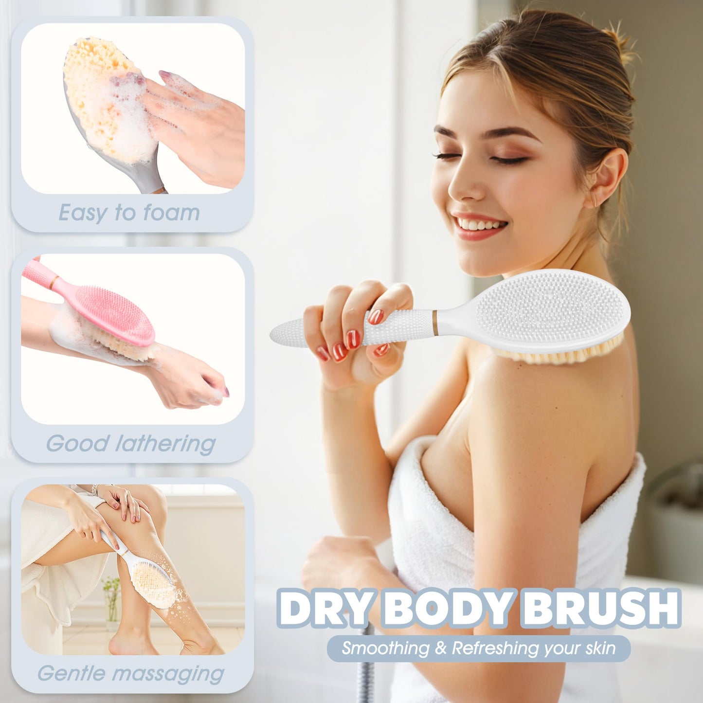 GEENOA New Foot Brush & Back Scrubber Set 2PCS, 10.2''- 27.5'' Adjustable Foot Scrubber for Shower, 18.9'' Shower Back Scrubber with 3-Length Usage, Great Aid for People with Limited Mobility(White)